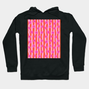 Pink Groovy Flowers on a Wavy, Stripy Orange Background Hoodie